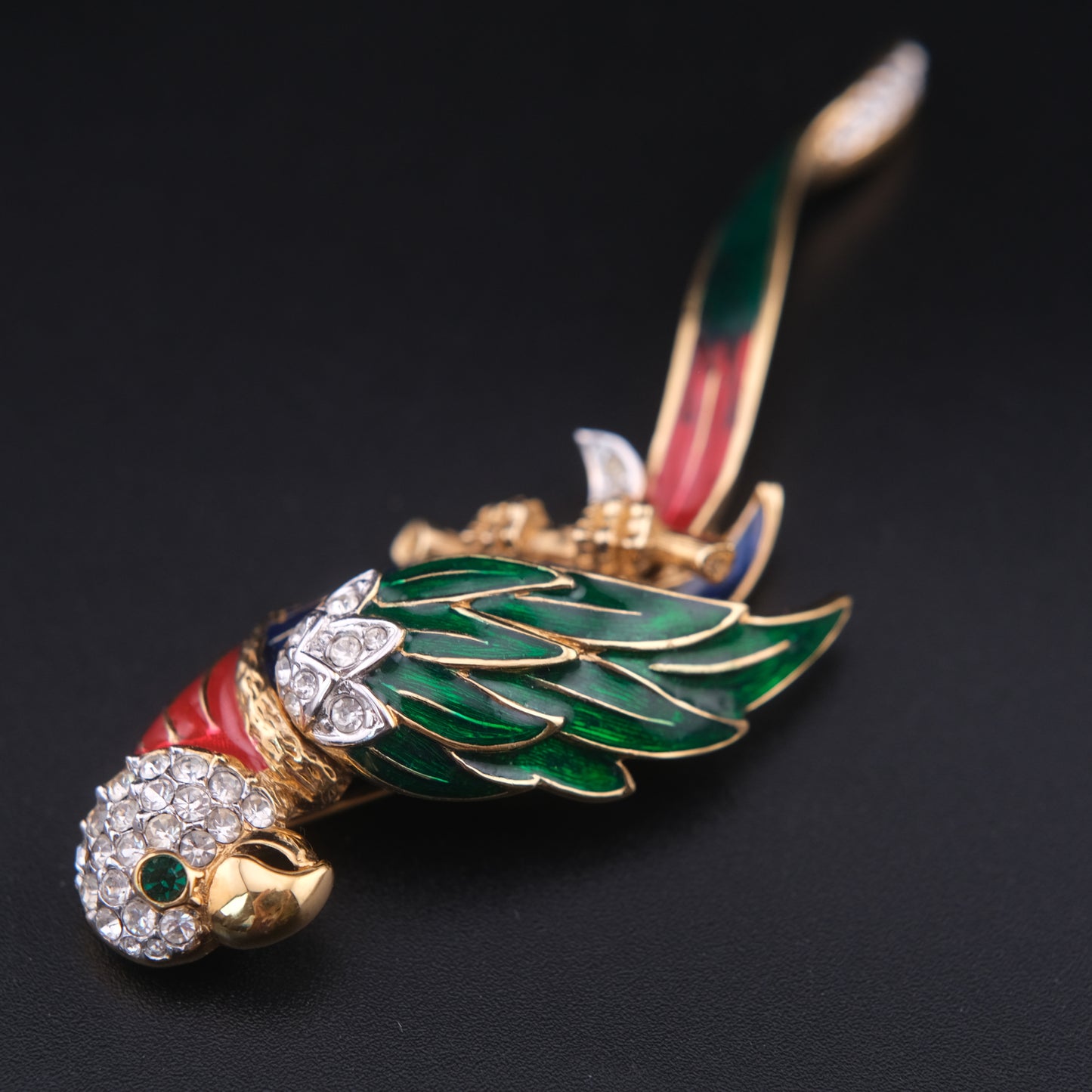 ❤️ Vintage Attwood & Sawyer Enamel Parrot Brooch Gold Tone Rhinestone Bird Pin Long Tropical Parrot Statement Brooch