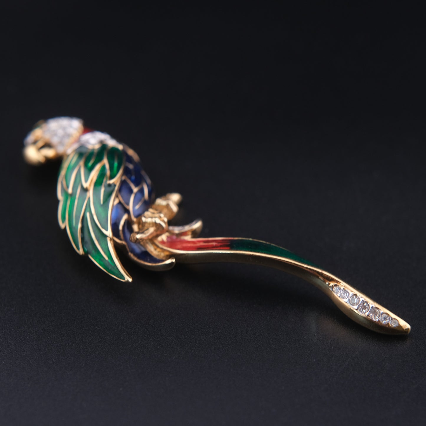 ❤️ Vintage Attwood & Sawyer Enamel Parrot Brooch Gold Tone Rhinestone Bird Pin Long Tropical Parrot Statement Brooch
