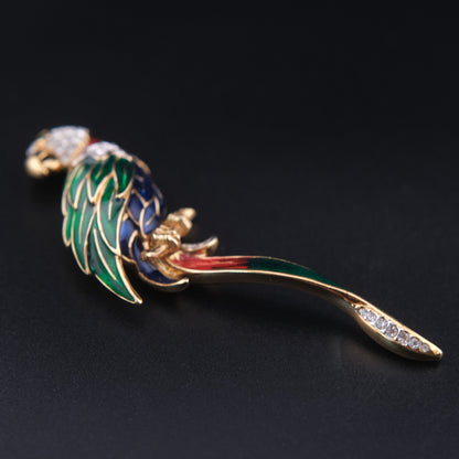 ❤️ Vintage Attwood & Sawyer Enamel Parrot Brooch Gold Tone Rhinestone Bird Pin Long Tropical Parrot Statement Brooch
