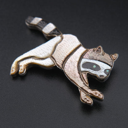 Vintage Zuni Raccoon Brooch Pendant by Andrea Lonjose – Sterling Silver & Enamel Inlay | Native American Signed Jewelry