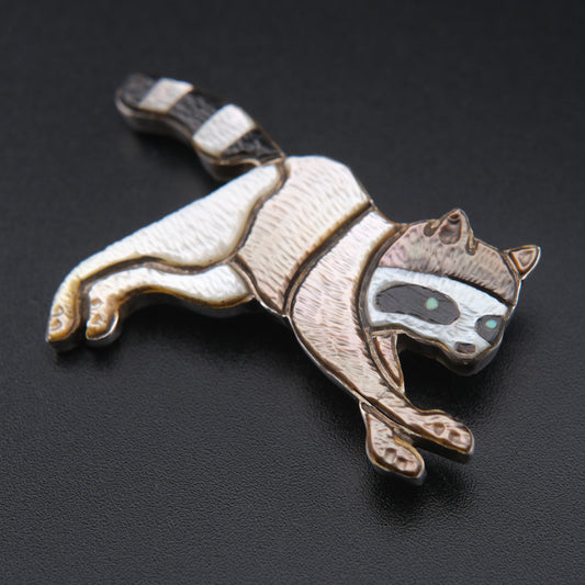 Vintage Zuni Raccoon Brooch Pendant by Andrea Lonjose – Sterling Silver & Enamel Inlay | Native American Signed Jewelry