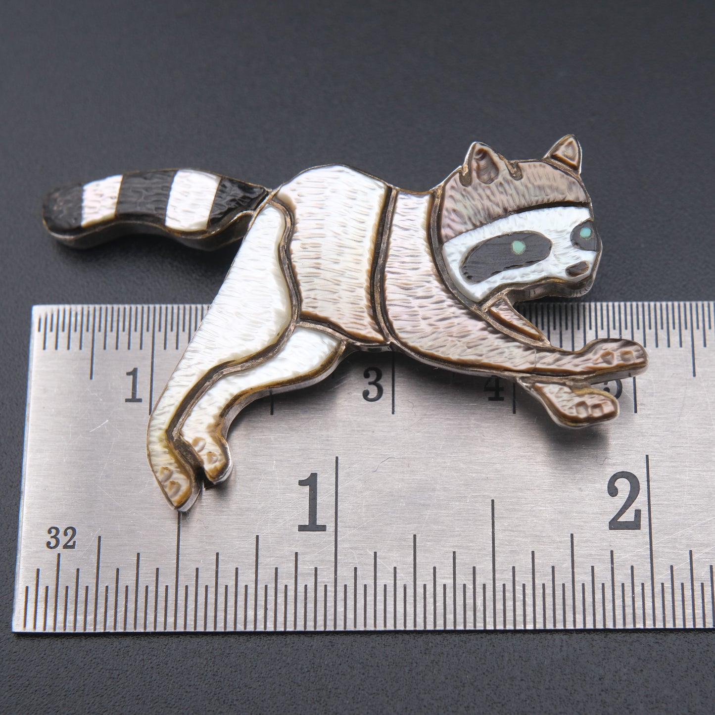 Vintage Zuni Raccoon Brooch Pendant by Andrea Lonjose – Sterling Silver & Enamel Inlay | Native American Signed Jewelry