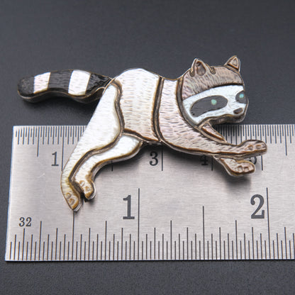 Vintage Zuni Raccoon Brooch Pendant by Andrea Lonjose – Sterling Silver & Enamel Inlay | Native American Signed Jewelry