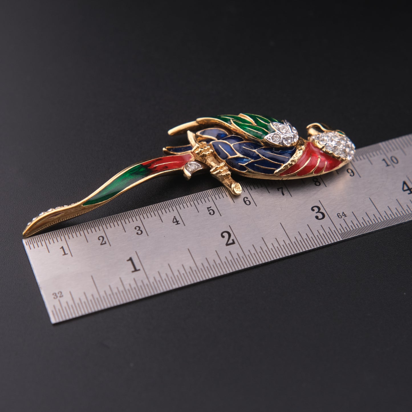 ❤️ Vintage Attwood & Sawyer Enamel Parrot Brooch Gold Tone Rhinestone Bird Pin Long Tropical Parrot Statement Brooch