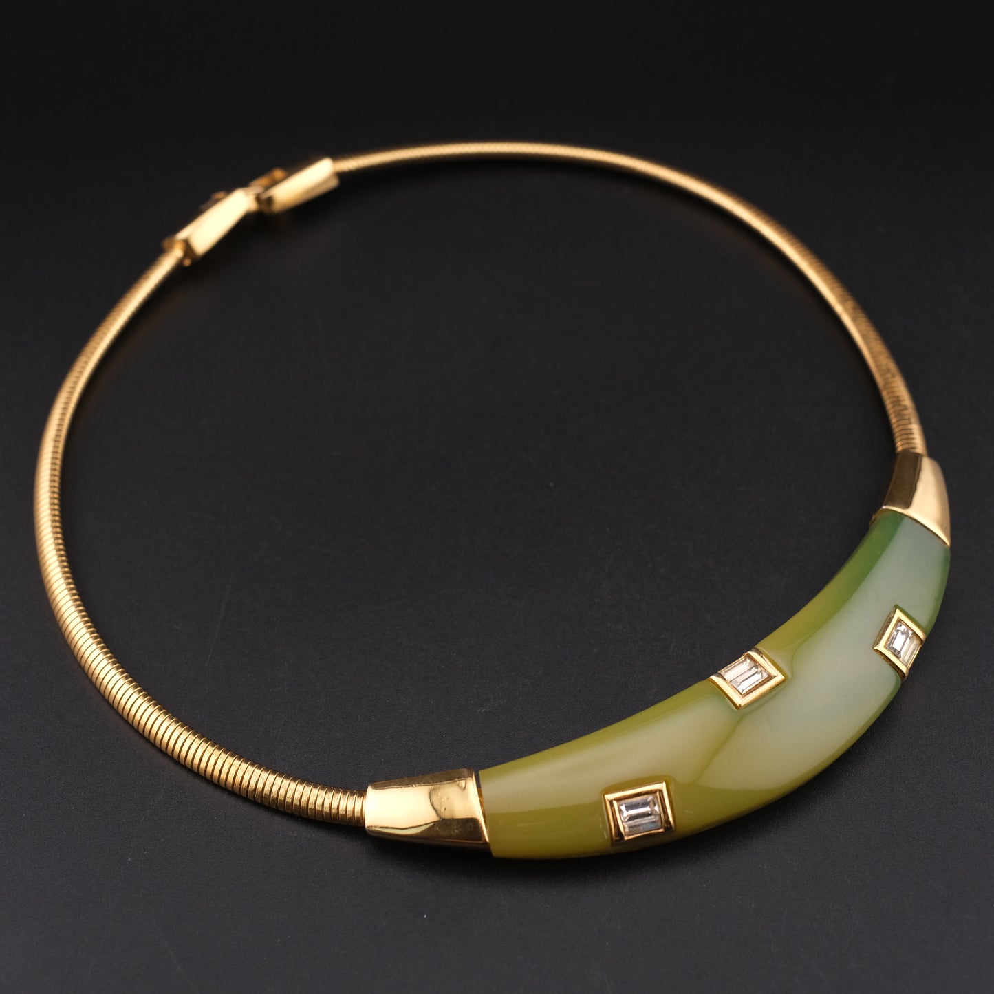 Vintage Givenchy Green Resin & Gold-Tone Choker Necklace with Rhinestones