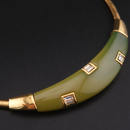 Vintage Givenchy Green Resin & Gold-Tone Choker Necklace with Rhinestones