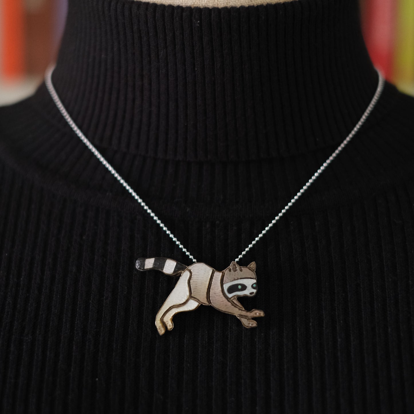 Vintage Zuni Raccoon Brooch Pendant by Andrea Lonjose – Sterling Silver & Enamel Inlay | Native American Signed Jewelry