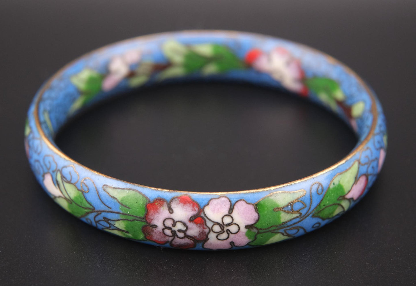 Vintage Chinese Cloisonné Floral Bangle Bracelet – Blue Enamel