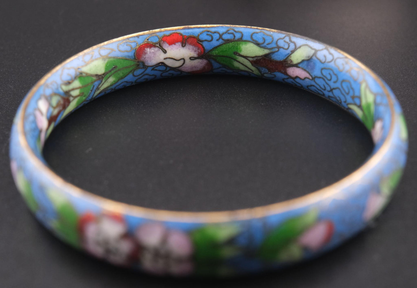 Vintage Chinese Cloisonné Floral Bangle Bracelet – Blue Enamel