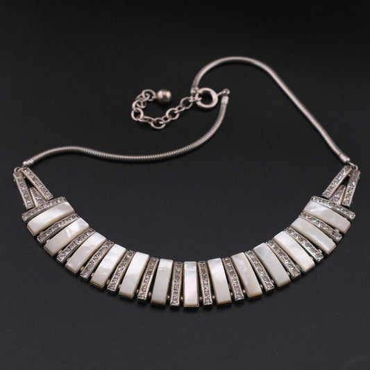 ❤️ Vintage DOSO Germany Mother of Pearl Crystal Statement Necklace