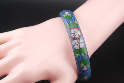 Vintage Chinese Cloisonné Floral Bangle Bracelet – Blue Enamel