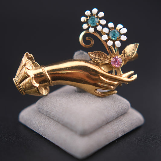 ❤️ Vintage Coro Hand Holding Floral Bouquet Brooch Gold Tone Enamel Rhinestone Articulated Design