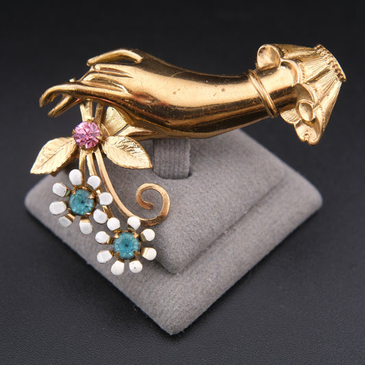 ❤️ Vintage Coro Hand Holding Floral Bouquet Brooch Gold Tone Enamel Rhinestone Articulated Design