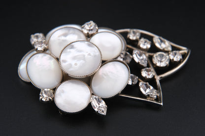 Vintage Signed Philippe Ferrandis Camellia Brooch – Mother of Pearl & Crystal Floral Statement