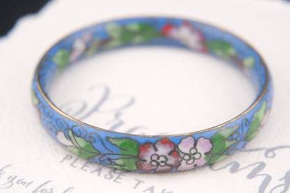 Vintage Chinese Cloisonné Floral Bangle Bracelet – Blue Enamel