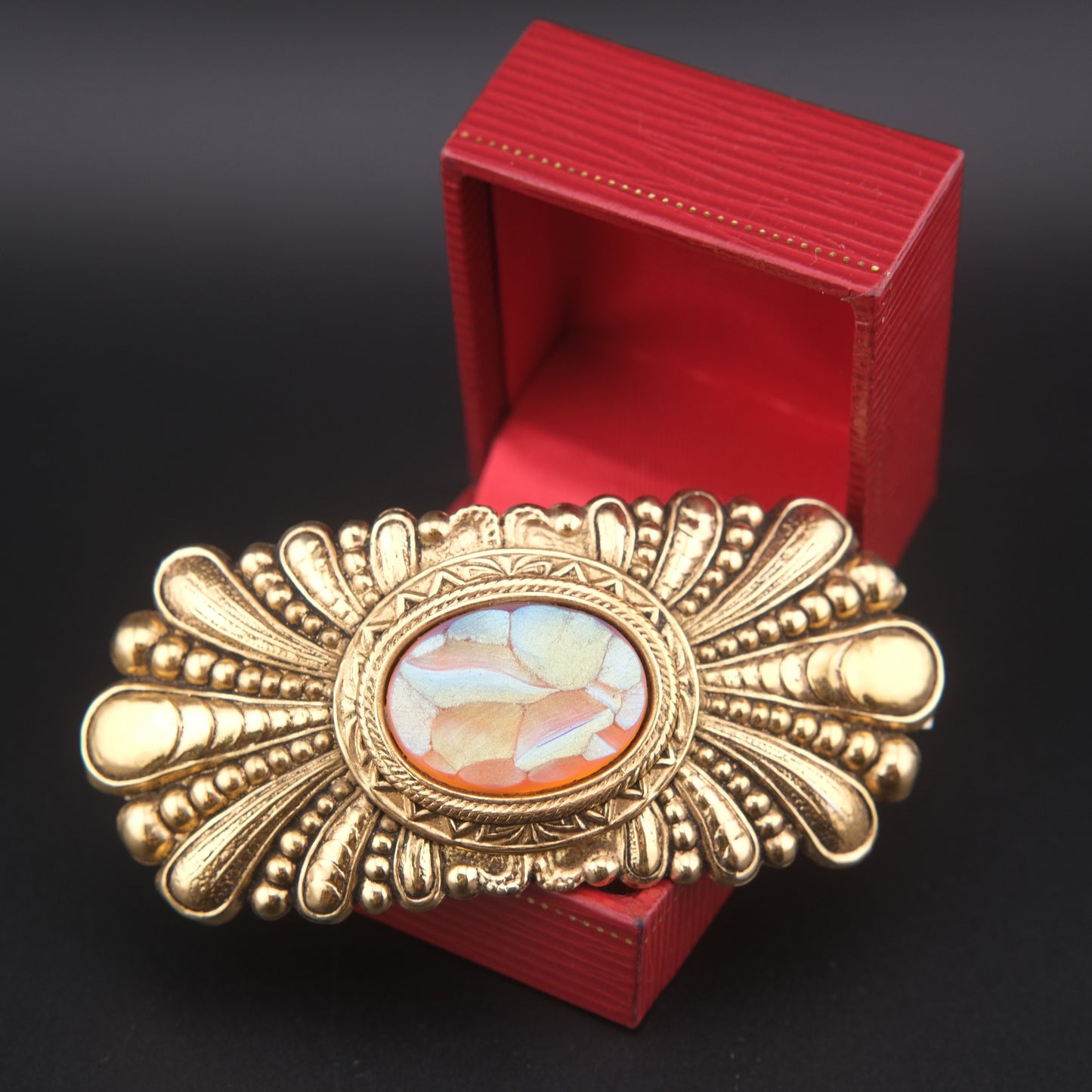 Vintage Zoe Coste Gold-Tone Hair Barrette with Iridescent Mosaic Center – Made in France