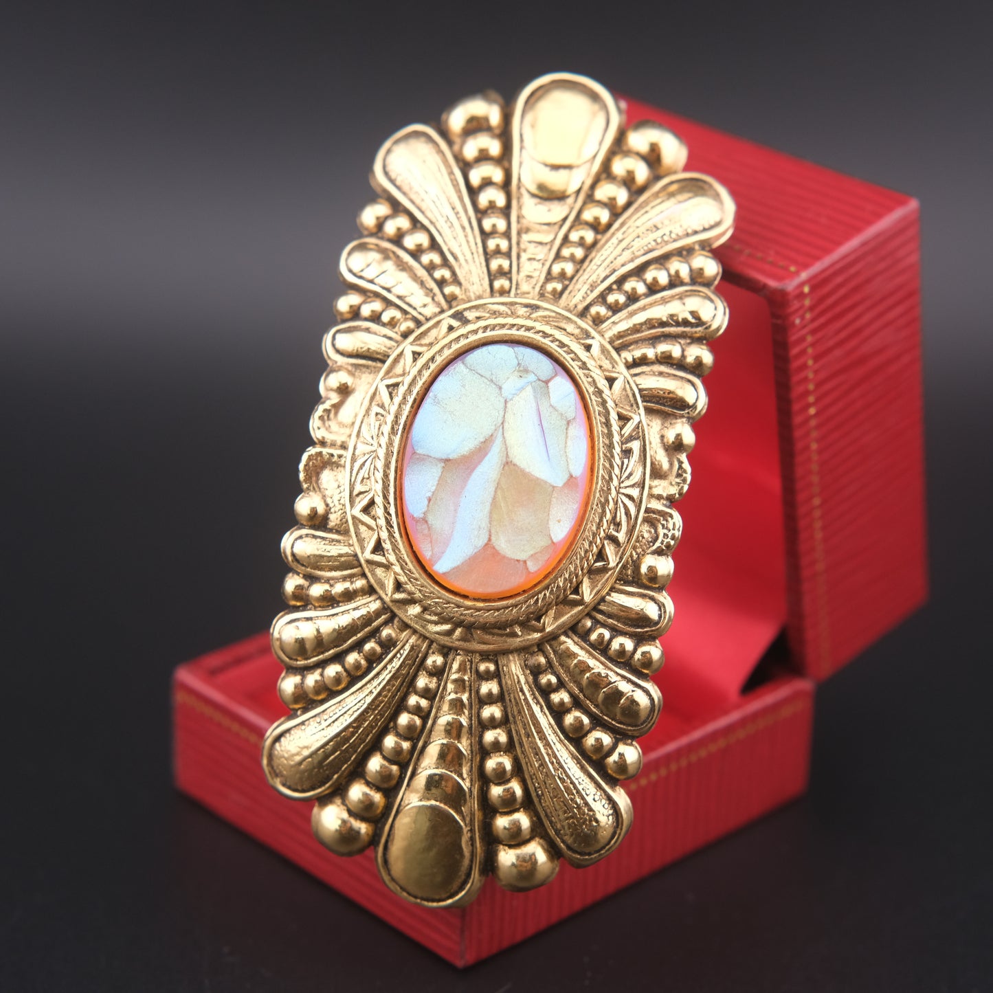 Vintage Zoe Coste Gold-Tone Hair Barrette with Iridescent Mosaic Center – Made in France