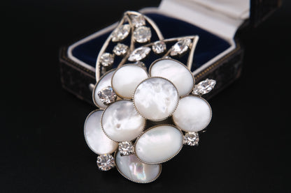 Vintage Signed Philippe Ferrandis Camellia Brooch – Mother of Pearl & Crystal Floral Statement