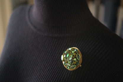 Austria Green Rhinestone Brooch – Gold-Tone Filigree with Navette & Round-Cut Stones