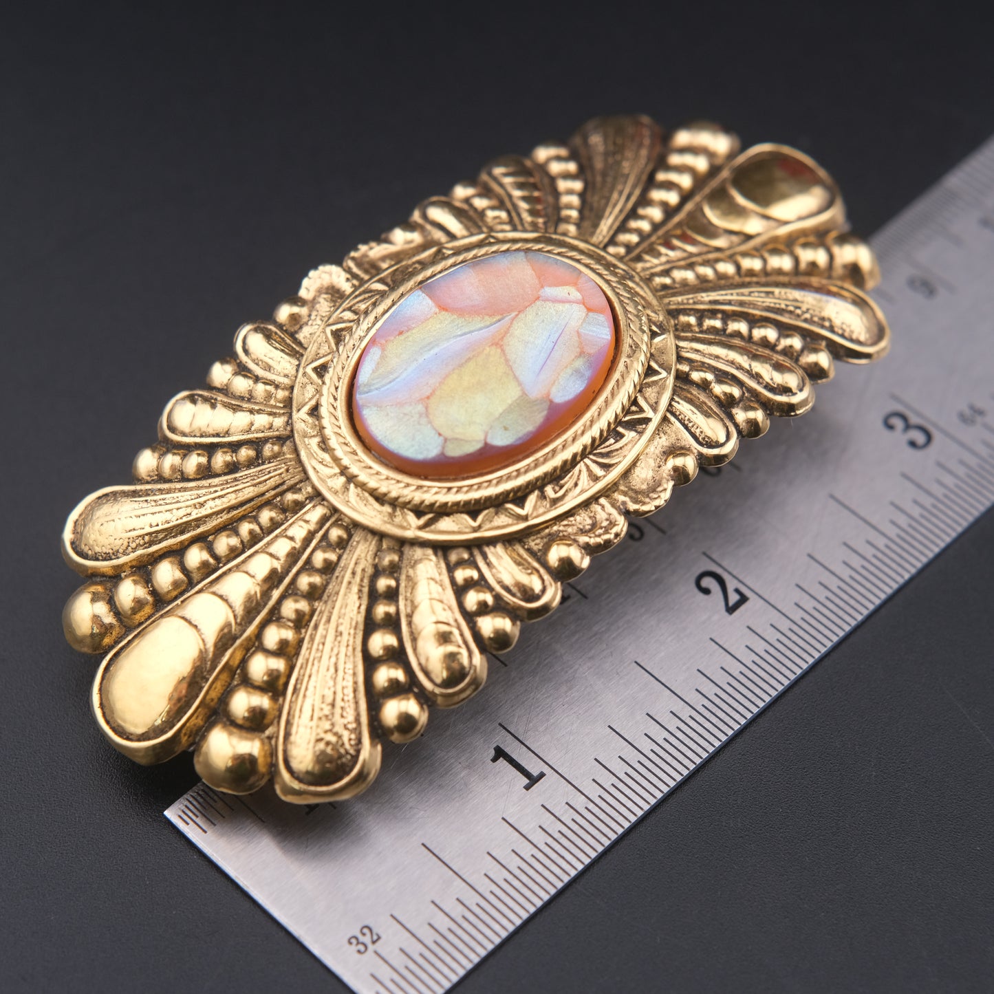 Vintage Zoe Coste Gold-Tone Hair Barrette with Iridescent Mosaic Center – Made in France