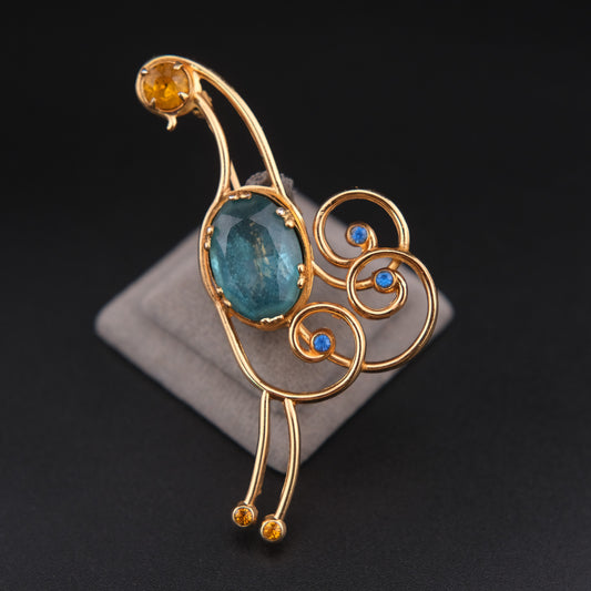 ❤️ Vintage Coro Peacock Brooch – Gold Tone with Blue & Amber Rhinestones