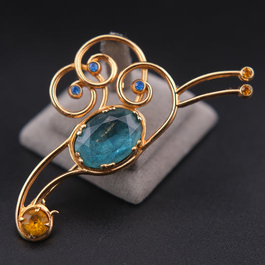 ❤️ Vintage Coro Peacock Brooch – Gold Tone with Blue & Amber Rhinestones