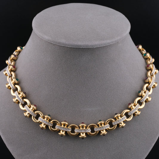 ❤️ Vintage Swarovski Gold Tone Necklace with Multicolor Cabochon Crystals & Pavé Links – Signed