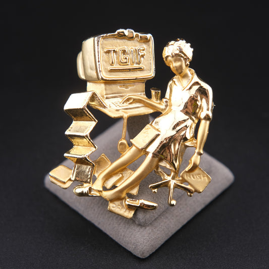 ❤️ Vintage AJC TGIF Computer Office Worker Gold Tone Brooch