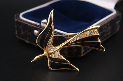 Vintage Karl Lagerfeld Black Enamel & Rhinestone Swallow Brooch – Gold-Tone, Signed