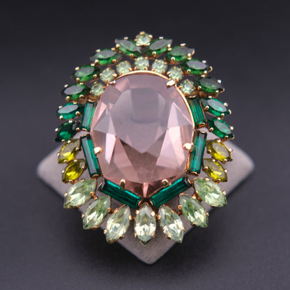 ❤️ Vintage Gold Tone Pink Glass & Green Rhinestone Halo Brooch Statement Piece