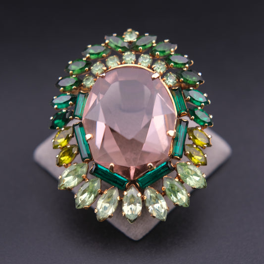 ❤️ Vintage Gold Tone Pink Glass & Green Rhinestone Halo Brooch Statement Piece