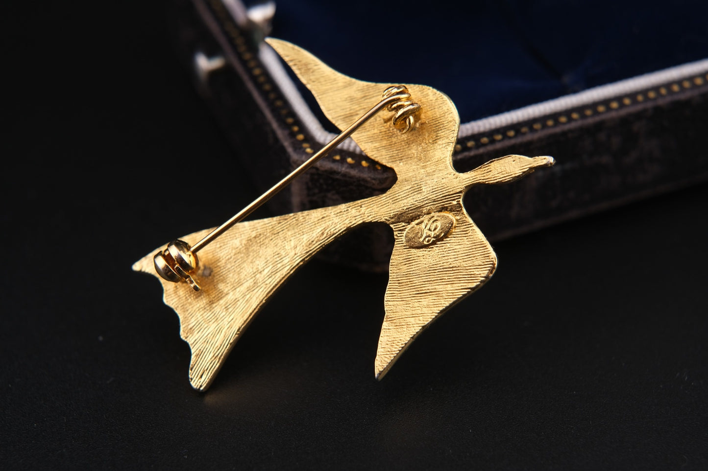 Vintage Karl Lagerfeld Black Enamel & Rhinestone Swallow Brooch – Gold-Tone, Signed