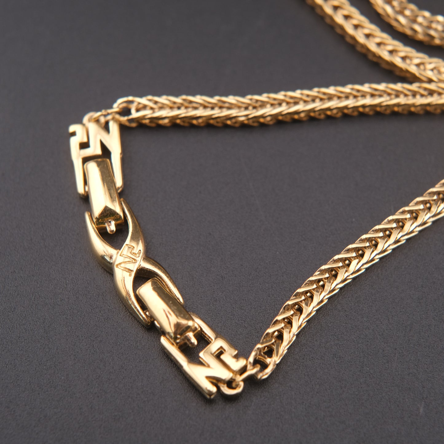 Vintage Nina Ricci Station Necklace – Gold-Tone with Brushed Metal Accents