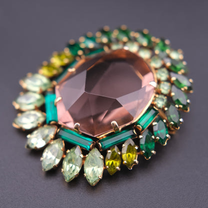 ❤️ Vintage Gold Tone Pink Glass & Green Rhinestone Halo Brooch Statement Piece
