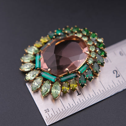 ❤️ Vintage Gold Tone Pink Glass & Green Rhinestone Halo Brooch Statement Piece