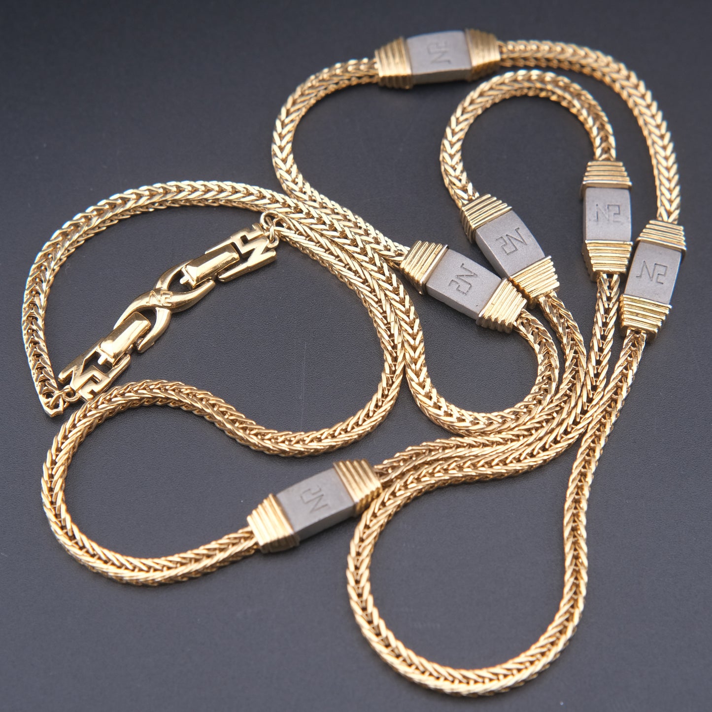 Vintage Nina Ricci Station Necklace – Gold-Tone with Brushed Metal Accents