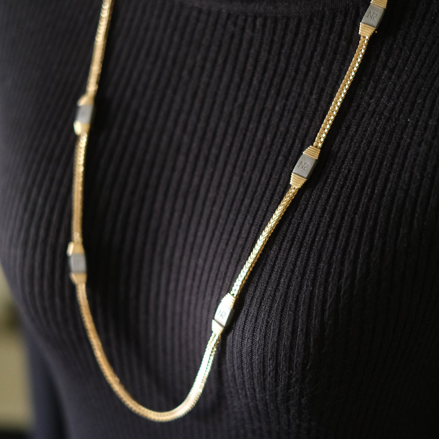 Vintage Nina Ricci Station Necklace – Gold-Tone with Brushed Metal Accents
