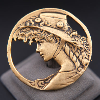 ❤️ Vintage Art Nouveau Style Lady Profile Gold Tone Brooch – Floral Hat Openwork Pin