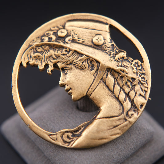 ❤️ Vintage Art Nouveau Style Lady Profile Gold Tone Brooch – Floral Hat Openwork Pin