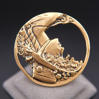 ❤️ Vintage Art Nouveau Style Lady Profile Gold Tone Brooch – Floral Hat Openwork Pin