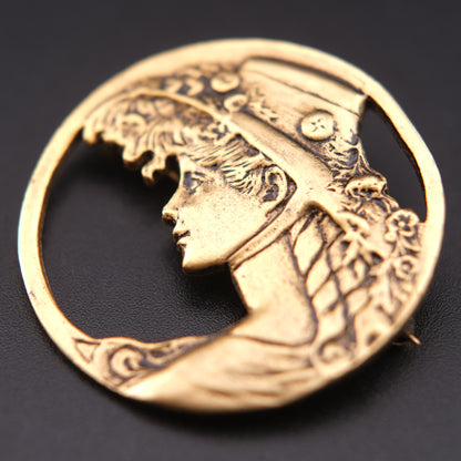 ❤️ Vintage Art Nouveau Style Lady Profile Gold Tone Brooch – Floral Hat Openwork Pin