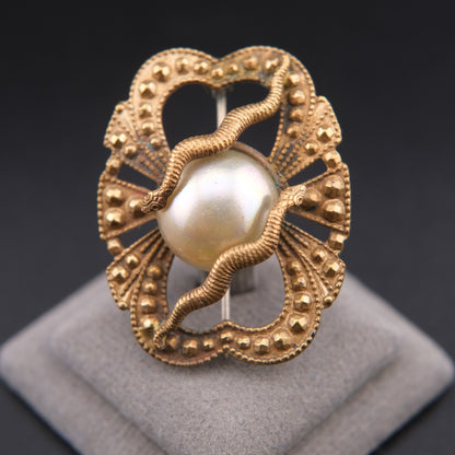 ❤️ Vintage Double Snake & Faux Pearl Brooch – Art Deco Influence, Sculptural Gold-Tone Pin