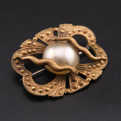 ❤️ Vintage Double Snake & Faux Pearl Brooch – Art Deco Influence, Sculptural Gold-Tone Pin