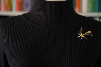 Vintage Karl Lagerfeld Black Enamel & Rhinestone Swallow Brooch – Gold-Tone, Signed