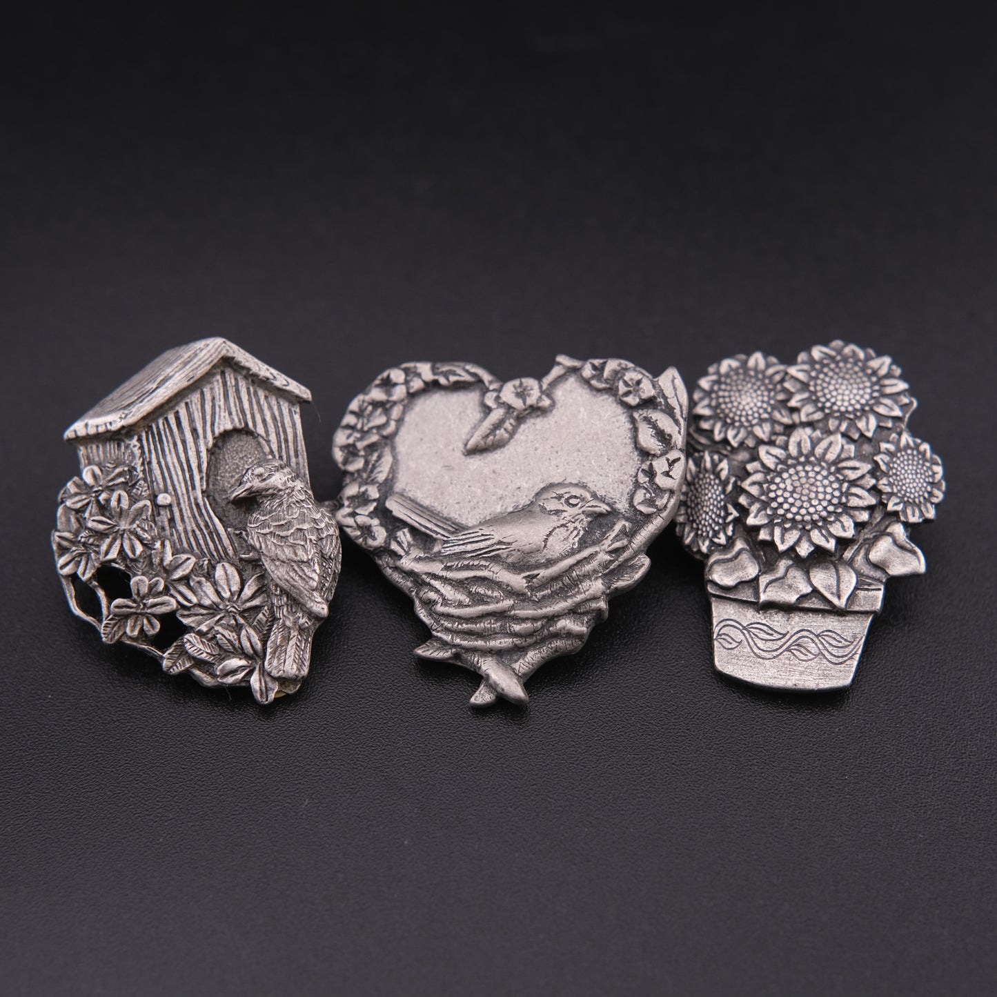 ❤️ Vintage Birds & Blooms Brooch Set of 3 – Limited Edition Pewter Garden & Bird Pins