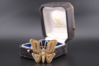Vintage Signed ROMAN Gold-Tone Butterfly Brooch with Clear and Blue Rhinestones