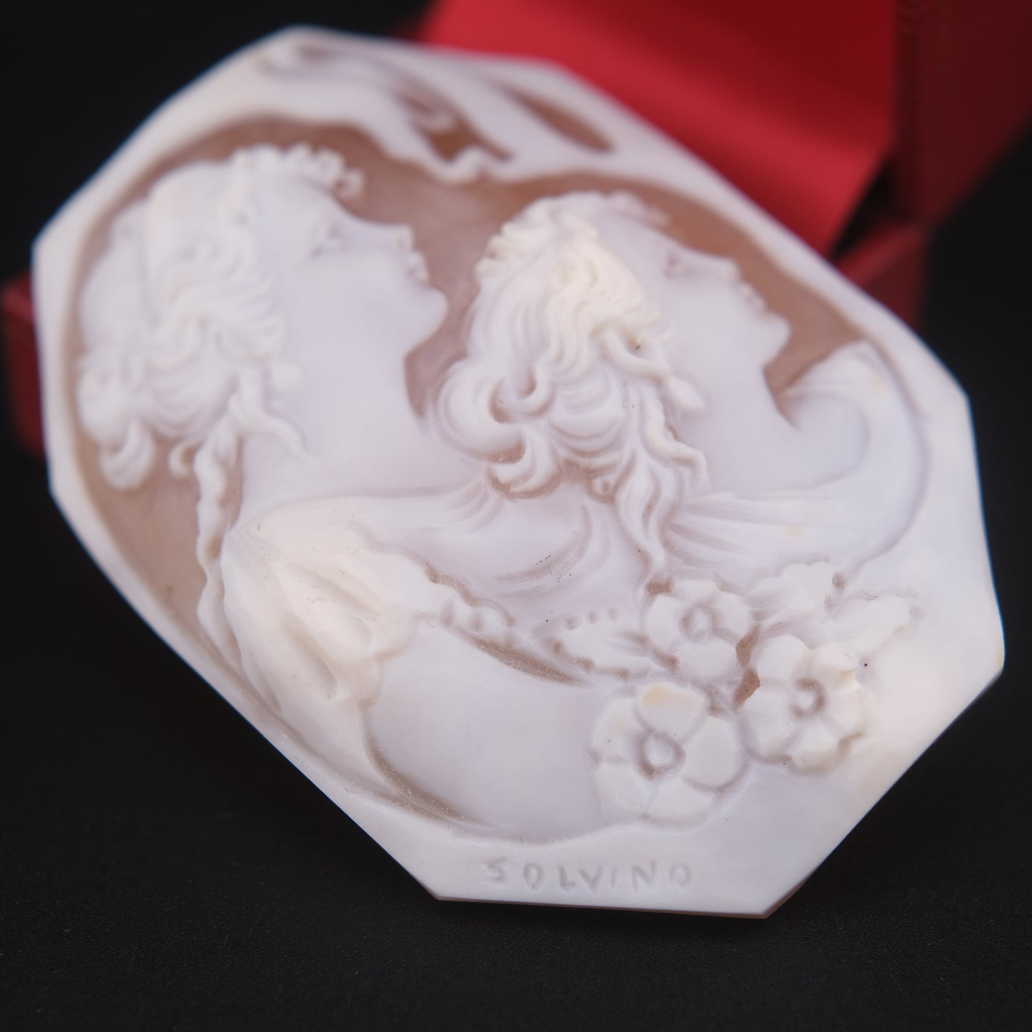 Loose Unmounted Hand-Carved Shell Cameo – Signed SOLVINO – Double Portrait of Women