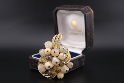 Coro Beaded Cluster Brooch – Gold-Tone with Cream Lucite, Moonglow & Crystal Beads