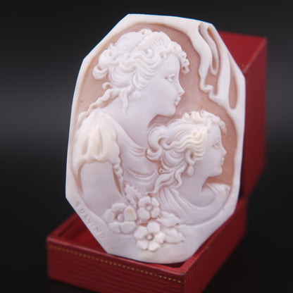 Loose Unmounted Hand-Carved Shell Cameo – Signed SOLVINO – Double Portrait of Women