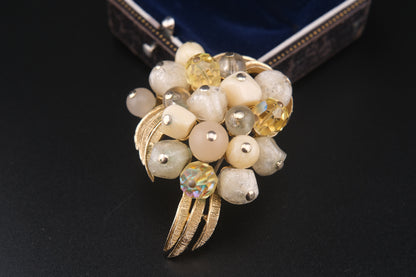Coro Beaded Cluster Brooch – Gold-Tone with Cream Lucite, Moonglow & Crystal Beads